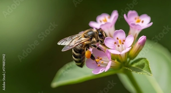 Fototapeta Honey Bee Collecting Nectar from Pink Wildflowers in Macro Photography.