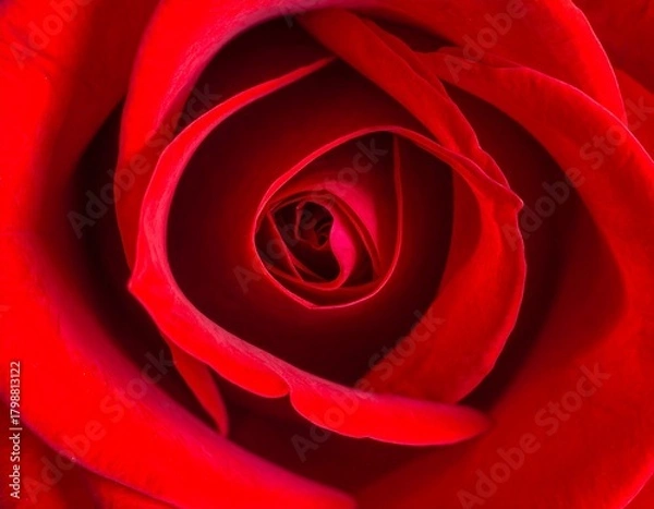 Obraz Close-up shows deep red rose center, swirling petals forming concentric patterns