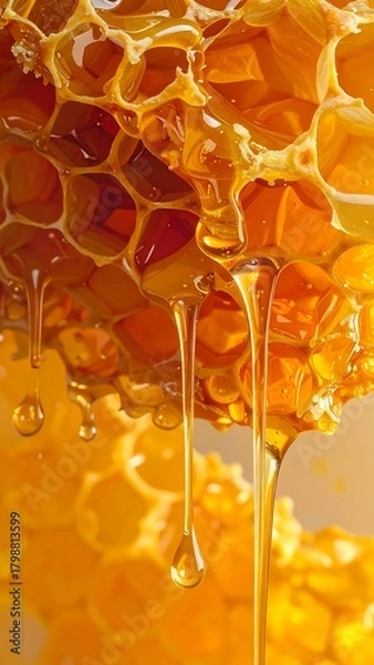Obraz Close-up shows dripping golden honey from the geometric honeycomb structure