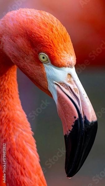 Fototapeta Close-up view of a flamingo head with pink and white plumage, and a black beak