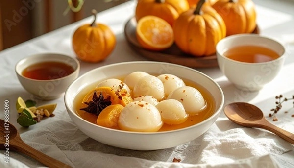 Fototapeta Delicious Dongzhi Festival dessert of tangyuan and fruits in a bowl, served with tea and autumn harvest decorations