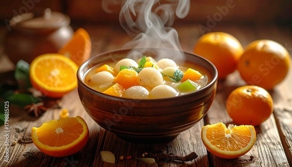 Fototapeta Savoring a Steaming Bowl of Sweet Tangyuan with Fresh Oranges, a Traditional Delight for Celebrating the Dongzhi Festival and Winter Solstice Comfort