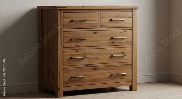 Fototapeta Rustic Oak Chest of Drawers with Dark Metal Handles.