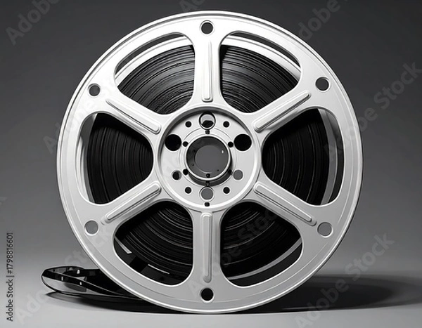 Fototapeta Close-up view of a silver film reel, with visible film, against a grey background