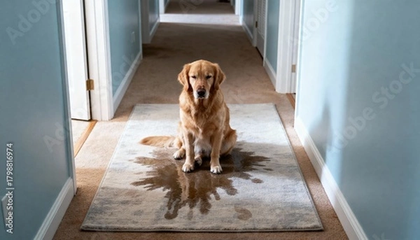 Obraz Golden retriever sitting on wet rug in hallway, soft overcast light, photorealistic style