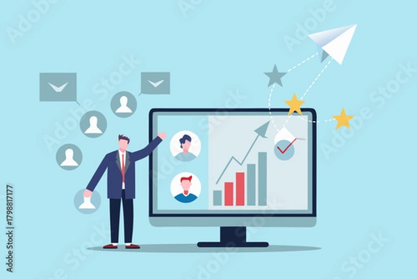 Fototapeta Businessman presenting positive business growth and team success on a computer screen with a paper airplane taking flight