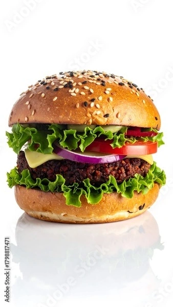 Fototapeta Close-up view of a veggie burger with lettuce, tomatoes, cheese, and onion on a bun