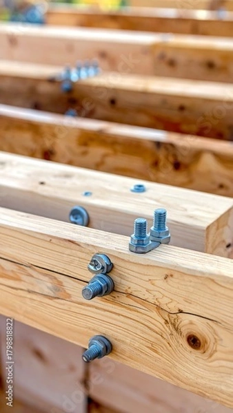 Fototapeta Close-up view of a wooden beam structure secured with bolts, showing construction detail