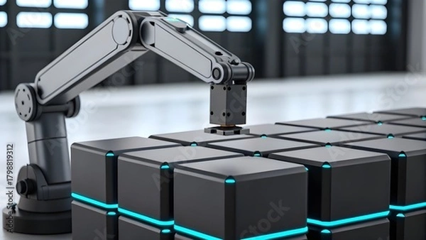 Fototapeta Robotic Arm Assembling Sleek Black Cubes Emblazoned With Glowing Labels, Showcasing Precision Engineering, Industrial Automation, And The Futuristic Aesthetics Of Modern Manufacturing