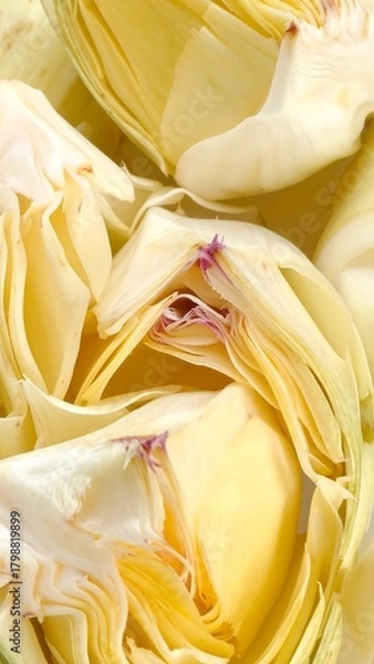 Fototapeta Close-up view of artichoke hearts, revealing layers of delicate, edible portions, light yellow hue