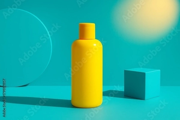 Fototapeta Vibrant yellow toner bottle in an aqua-themed studio with minimal shapes, bold shadows, and soft sun-glow lighting—ideal for skincare and product ads.
