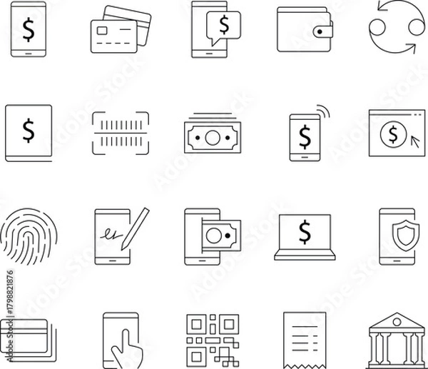 Fototapeta Internet Banking and Digital Finance Line Icons Set - Mobile Money and E-Payment