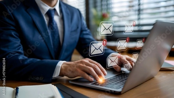 Obraz A businessman in a suit typing on a laptop with glowing digital overlays showing envelope icons and a red notification badge in a modern workspace