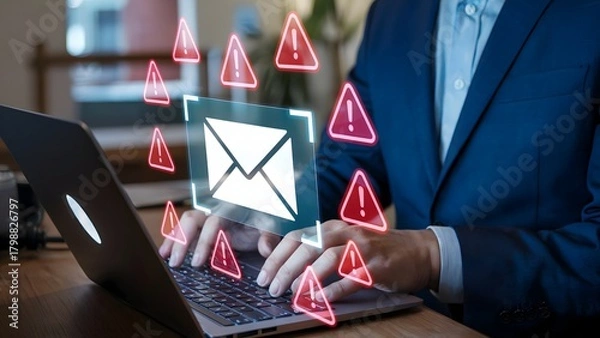 Fototapeta A person in a blue suit typing on a laptop with glowing digital overlays showing a white envelope and red warning icons in a modern workspace
