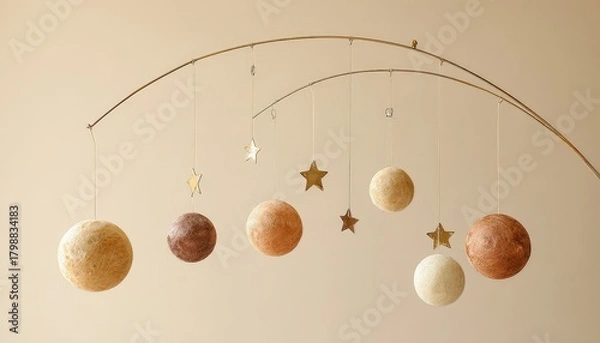 Obraz Spherical decorative objects and star shapes hang from thin curved arms against a muted background