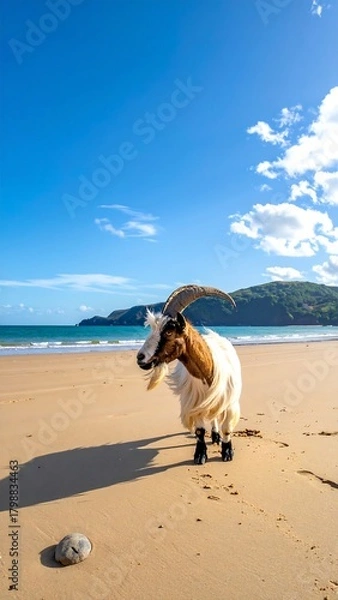 Fototapeta A goat stands on a sandy beach by the ocean under a bright blue sky. Green hills are in the background, casting shadows