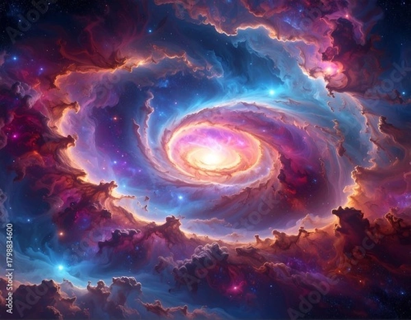 Obraz A mesmerizing celestial scene showcasing a colorful, swirling nebula with luminous core and vibrant hues. Speckled with stars