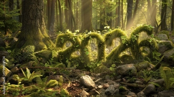 Obraz Forest scene with mossy text 2026 illuminated by sunlight and greenery