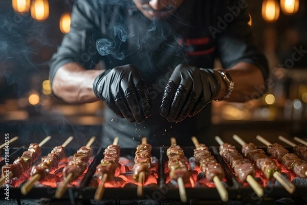 Fototapeta Chef with black gloves grilling meat skewers over glowing coals barbecue
