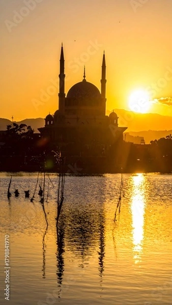 Fototapeta A majestic domed structure with minarets stands silhouetted against a golden sunset, reflected in tranquil water
