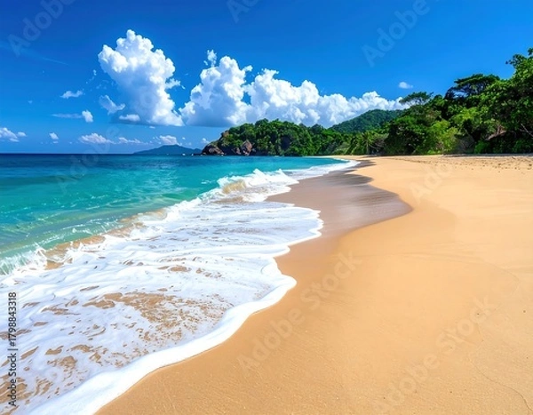 Obraz A scenic coastal view showcasing a sandy beach with foamy waves meeting the shore under a vibrant blue sky with fluffy clouds. Green trees and hills in the background