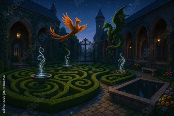 Fototapeta Magical castle courtyard with phoenix and dragon topiary sculptures under starlit sky