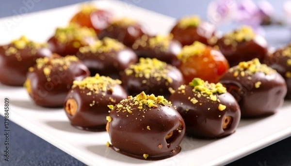 Fototapeta Chocolatecovered dates with pistachio garnish.