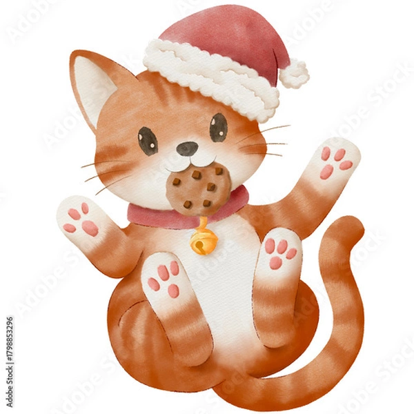 Obraz Cute Christmas illustration of an orange cat wearing a Santa hat and biting a cookie