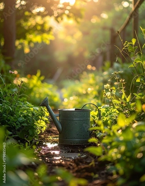 Obraz A sunlit, rustic garden path leads the eye towards a watering can. Lush greenery surrounds the pathway, bathed in golden light