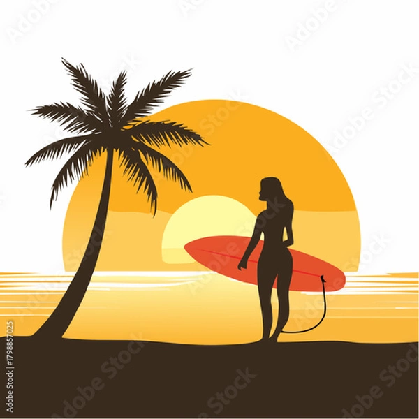 Obraz Silhouette of a woman with a surfboard on a tropical beach at sunset with a palm tree.
