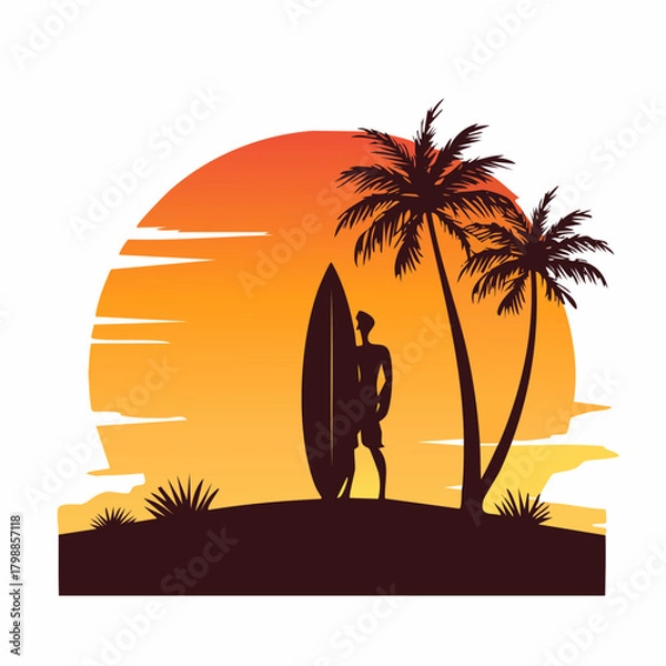 Obraz Silhouette of a surfer with a surfboard and palm trees at sunset on a tropical beach, vector illustration.