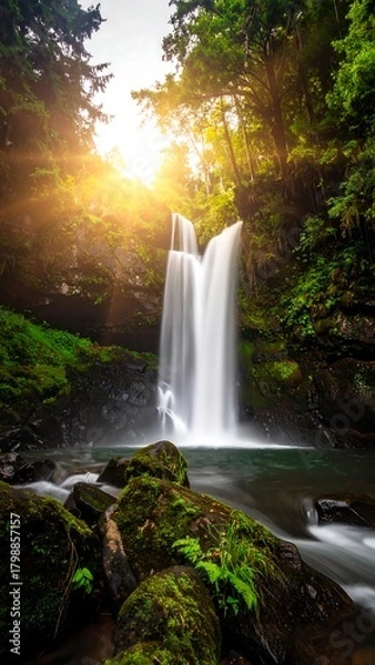 Fototapeta A vertical image showcases a stunning waterfall cascading into a serene pool, encircled by verdant foliage and moss-covered stones. Sunlight streams through the trees