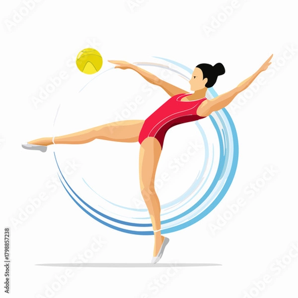 Fototapeta Female rhythmic gymnast in a red leotard performing a graceful routine with a yellow ball, set against a dynamic blue swirl background.