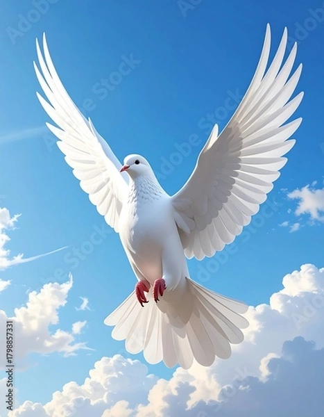 Fototapeta A pristine white bird, wings outstretched, soars gracefully against a vibrant blue sky dotted with fluffy, white clouds, symbolising freedom