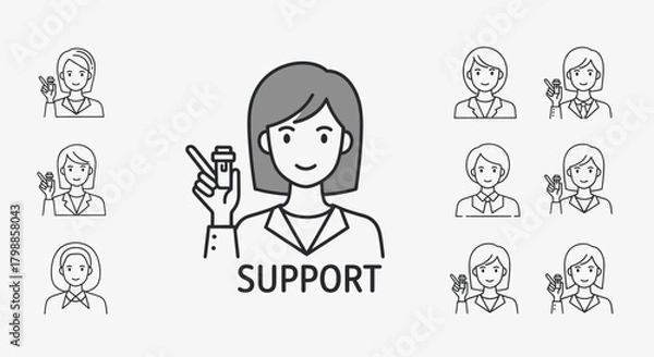 Fototapeta Illustration of a woman holding a bottle and pointing, with the word SUPPORT below her, surrounded by smaller icons of women.