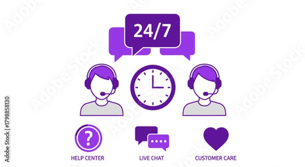 Fototapeta Concept illustration of 24/7 customer service, support, and live chat with operators and icons.