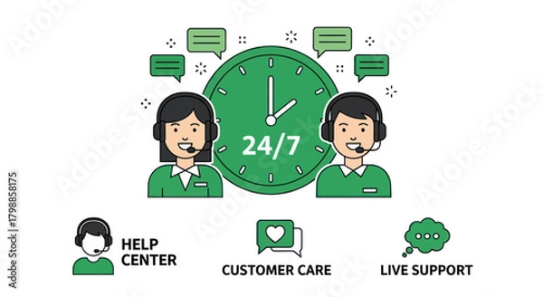 Fototapeta Customer service agents providing 24/7 live support, help center, and customer care.