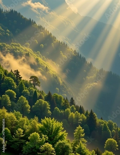 Fototapeta Lush Forest with Sunlight and Misty Mountain Peaks