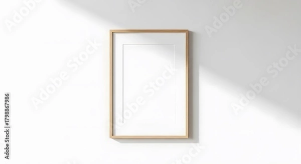Fototapeta Blank wooden frame mockup on white wall natural light and shadow overlay for artwork display