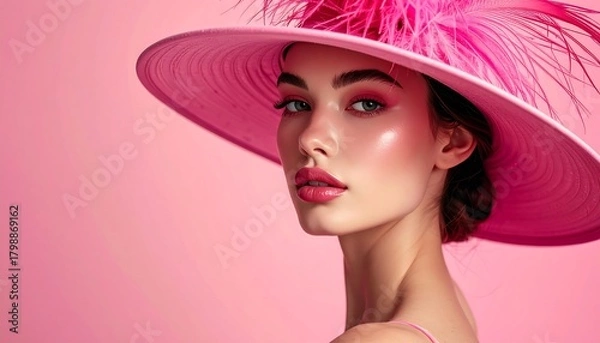 Fototapeta A stunning portrait of a woman in a pink hat adorned with feathers and matching makeup, against a soft pink backdrop