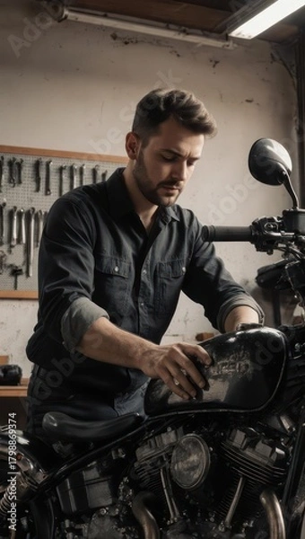 Fototapeta Young Male Mechanic Working on a Motorcycle in a Rustic Workshop.