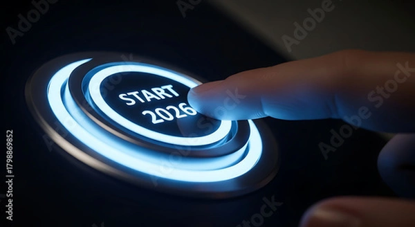 Fototapeta Start 2026 button with finger pressing it for new year isolated on black background