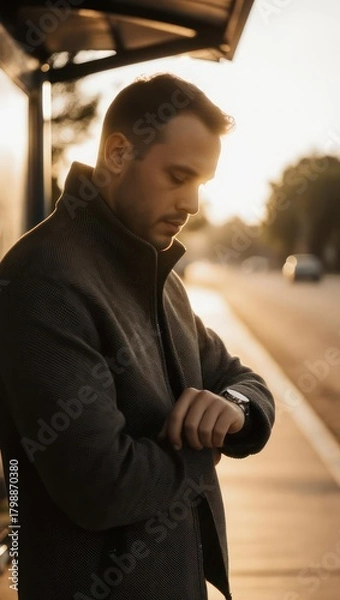 Obraz Young Man Checking Time on Smartwatch at Bus Stop During Golden Hour.