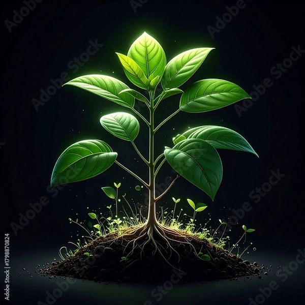 Fototapeta A stylized illustration of a vibrant green plant emerging from dark soil, glowing brightly on a black backdrop