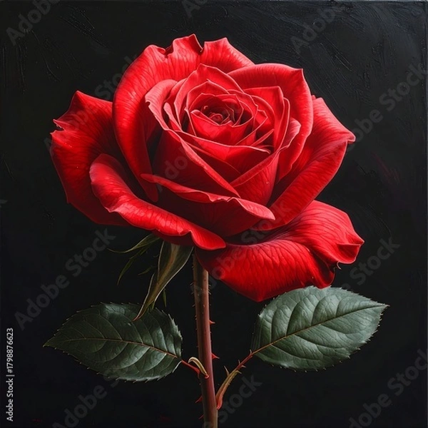 Fototapeta A vibrant, detailed painting of a single red rose, fully bloomed, against a stark black background. The flower's petals are textured