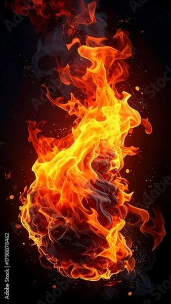 Fototapeta A vibrant flame rises dramatically against a black backdrop. The blazing core is orange and yellow, surrounded by smoky hues