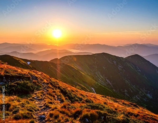 Obraz A vibrant sunset paints the mountain peaks. Hues of orange and yellow light up a distant path. Layers of mountains create a picturesque landscape