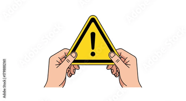 Fototapeta Hands holding prominent yellow warning sign with exclamation mark, signaling caution and urgent attention for safety alerts.