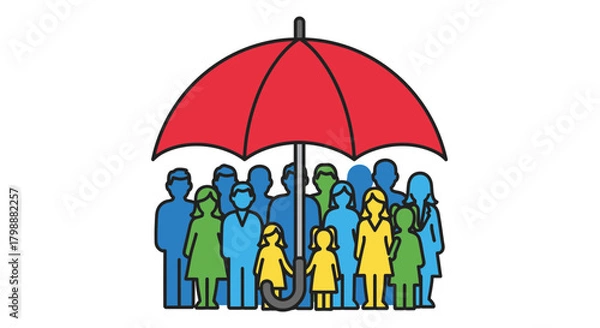 Fototapeta Diverse community united under a vibrant red umbrella offering protection and security symbolizing collective well-being and safety for all