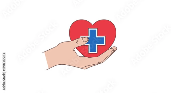 Fototapeta Caring hands offer heart with blue medical cross symbolizing compassion, health, and support for well-being